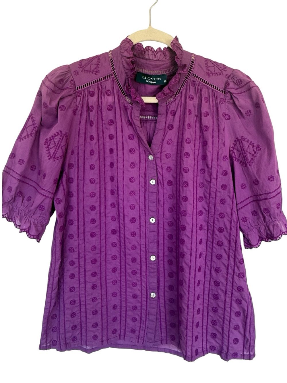 Lloyd's of London Purple Embroidered Ruffle-Neck Button Blouse